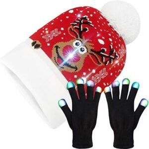 LED Light Up Christmas Hat and Gloves - Xmas Beanie Knit Novelty