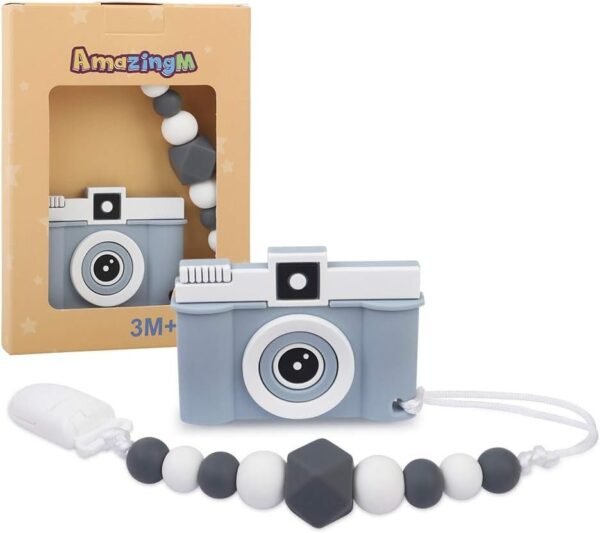 AmazingM Camera Teething Pain Relief Toy with Pacifier Clip,Food Grade BPA Free