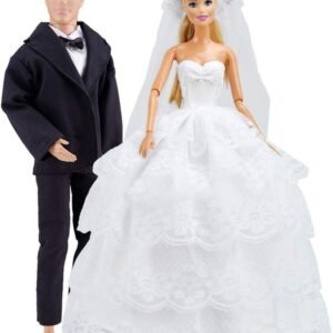 E-TING Beautiful Gown Bride Dress Clothes with Veil and Groom Business Suit