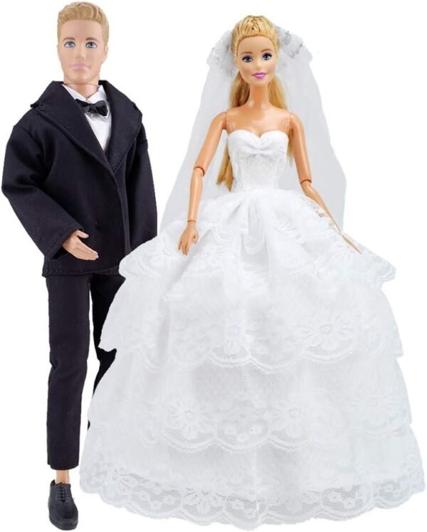 E-TING Beautiful Gown Bride Dress Clothes with Veil and Groom Business Suit