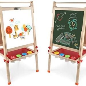 Kids Wooden Art Easel Double-Sided Whiteboard and Chalkboard Adjustable Standing Easel with