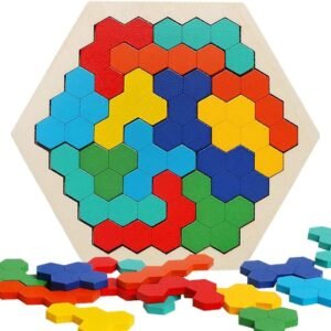 Wooden Hexagon Puzzle for Kid Adults, Colorful Shape Pattern Block Tangram Brain