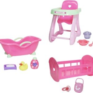 JC Toys Deluxe Doll Accessory Bundle Featuring High Chair, Crib, Bath and