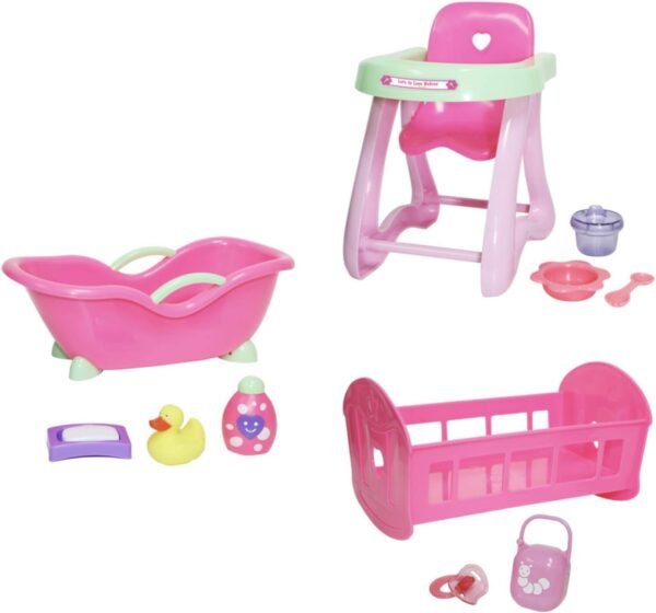 JC Toys Deluxe Doll Accessory Bundle Featuring High Chair, Crib, Bath and