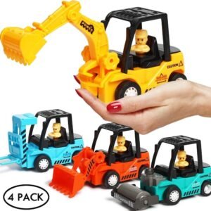 Construction Toys 4 Pack Set with Excavator, Bulldozer, Road Roller, Lift Truck
