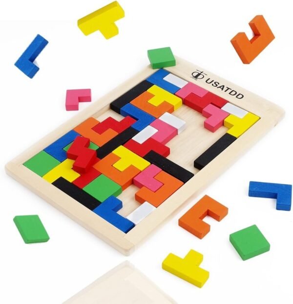 USATDD Wooden Tetris Puzzle Tangram Jigsaw Brain Teasers Toy Building Blocks Game