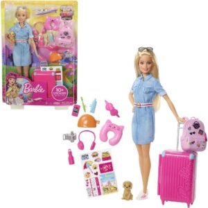 Barbie Doll and Travel Set with Puppy, Luggage & 10+ Accessories
