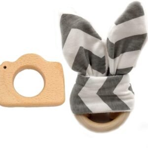 Alenybeby Bunny Ear Wood Ring Teether Bell Natural Wood Teether Circle Fabric