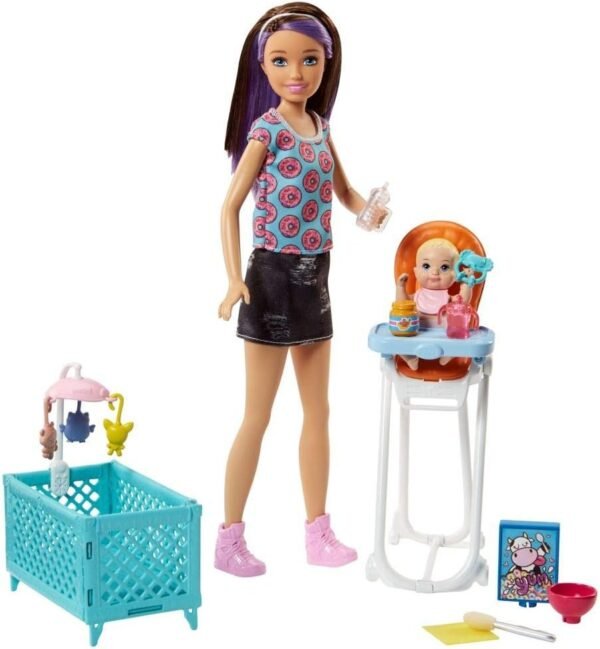 Barbie Babysitting Playset with Skipper Doll, Color-Change Baby Doll, High Chair, Crib