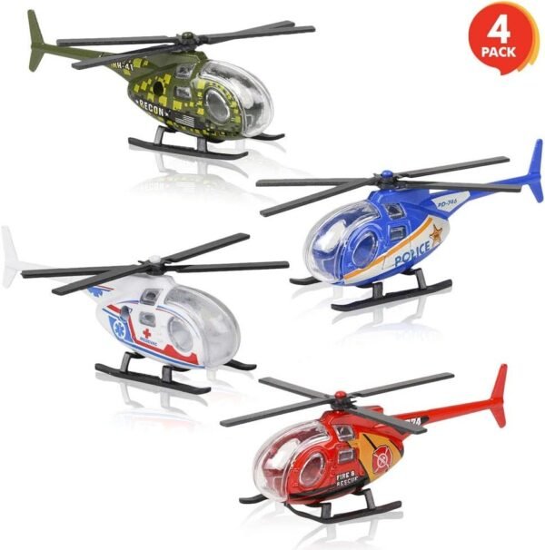 ArtCreativity Die Cast Helicopters - Pack of 4 - Police, Fire Engine,