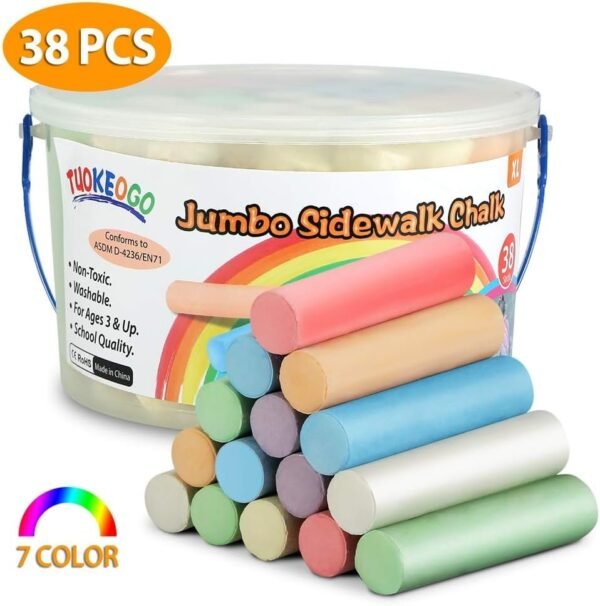 TUOKEOGO 7 Color Jumbo Sidewalk Chalk Set for Kids-38Pcs Portable Washable Sidewalk