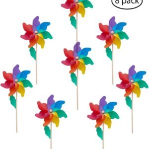 Wind Pinwheels 9.5-Wood Stick/Wand, Pack of 8, 7-Color Rainbow, Outdoor Spinners for