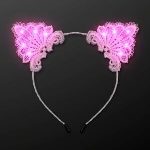 White Lace Kitty Cat Ears Headband with Pink LED Lights