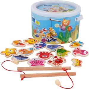 bodolo Wooden Childrens Puzzle Board Magnetic Fishing Game Set with 14 Marine