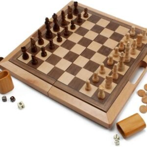 3-in-1 Wooden Folding Chess, Checkers and Backgammon Board Game Combo Set