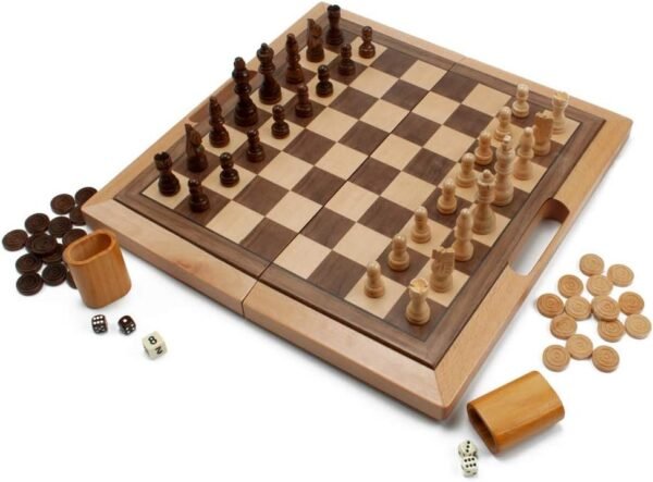 3-in-1 Wooden Folding Chess, Checkers and Backgammon Board Game Combo Set