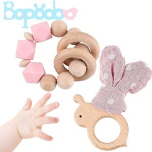 bopoobo 2pc Natural Wooden Rattle Baby Teether Bracelet Silicone Beads Perfect Grab