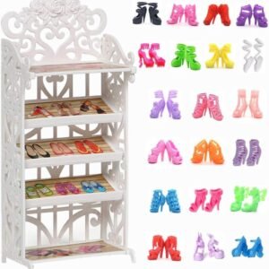 DoubleWood 1 Doll Shoes Rack + 20 Pairs Doll Shoes Replacement Playset