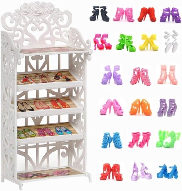 DoubleWood 1 Doll Shoes Rack + 20 Pairs Doll Shoes Replacement Playset