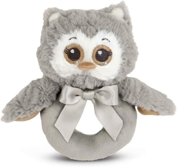 Bearington Baby Lil Owlie Plush Stuffed Animal Gray Owl Soft Ring Rattle,