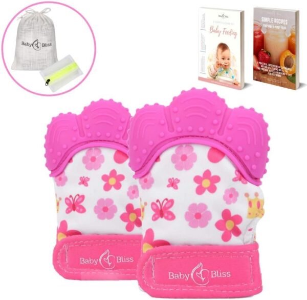 BabyBliss Teething Mittens 2pcs - Pink - Self-Soothing Teether Toys for Girls