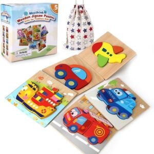 Mosthink Wooden Jigsaw Puzzles for Toddlers, 5 Pack Vehicle Puzzles for 1