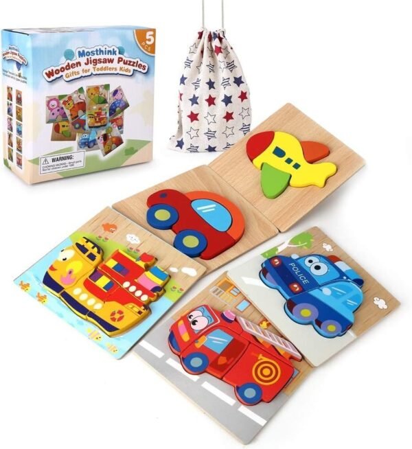 Mosthink Wooden Jigsaw Puzzles for Toddlers, 5 Pack Vehicle Puzzles for 1