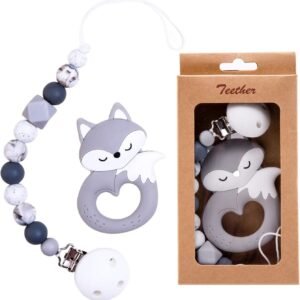 Biter teether Universal Pacifier Clip + Cute Grey Fox Pendant Soother Clip