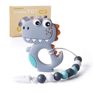 Baby Teething Toys, Dinosaur Teether with Pacifier Clip Holder Kit, for Newborn