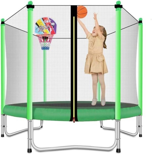Lovely Snail 5FT Trampoline for Kids with Safety Enclosure Net Basketball Hoop