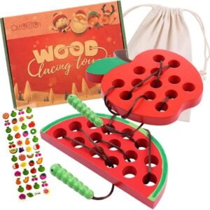 Lacing Toy for Toddlers Wooden Threading Toys, 1 Apple and 1 Watermelon