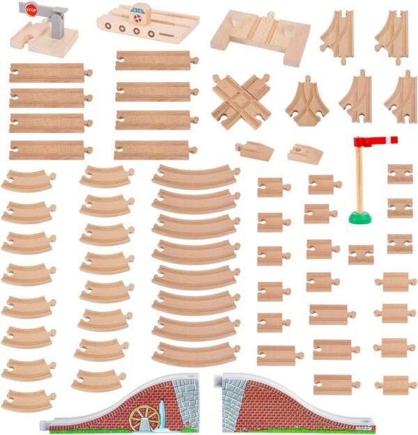 Orbrium Toys 68 Pcs Wooden Train Track Expansion Pack Compatible with Thomas