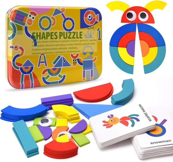 Wooden Pattern Blocks Toddler Puzzles, 36 Shape Pieces & 50 Animals Jigsaw