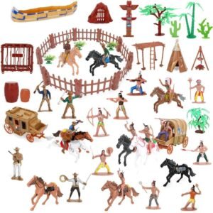 BeebeeRun Wild West Cowboys and Indians Plastic Figures Playset,Educational Bucket Toys of