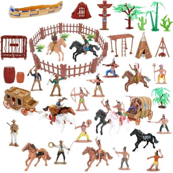 BeebeeRun Wild West Cowboys and Indians Plastic Figures Playset,Educational Bucket Toys of
