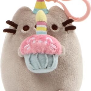 GUND Pusheen Snackable Birthday Cupcake Cat Plush Stuffed Animal Backpack Clip, Gray,