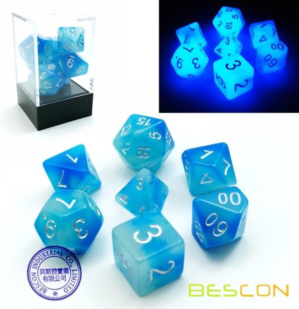 Bescon Gemini Glowing Polyhedral Dice 7pcs Set ICY Rocks, Luminous RPG Dice