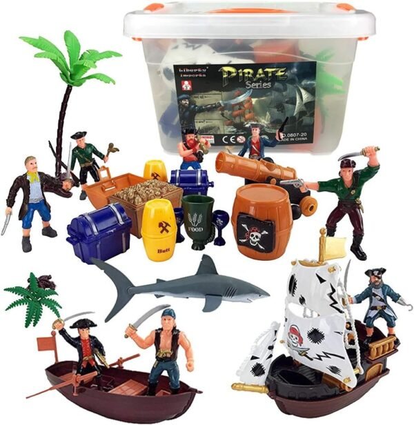 Liberty Imports Bucket of Pirate Action Figures Playset with Boat, Treasure Chest,