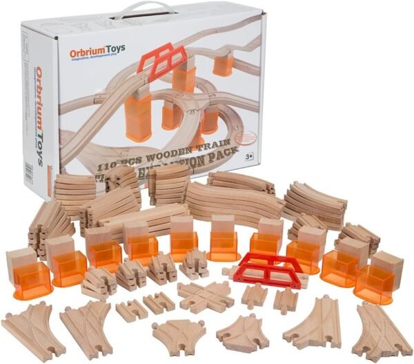 110 PCs Orbrium Toys Multi-Level Wooden Train Track Expansion Pack with Stackable