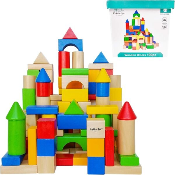 Cubbie Lee Premium Wooden Building Blocks Set - 100 pc for Toddlers