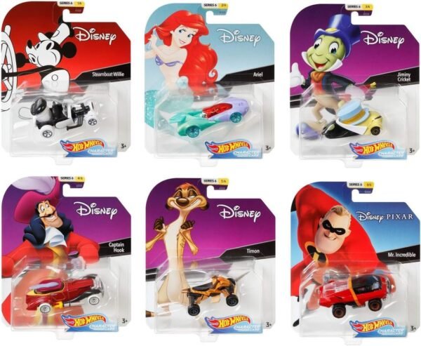 Hot Wheels Set of 6 Disney/Pixar Character Cars, Series 6, 1/64 Collectible