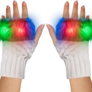 LED Light Up White Fuzzy Half Finger Gloves - For Christmas, Birthday,