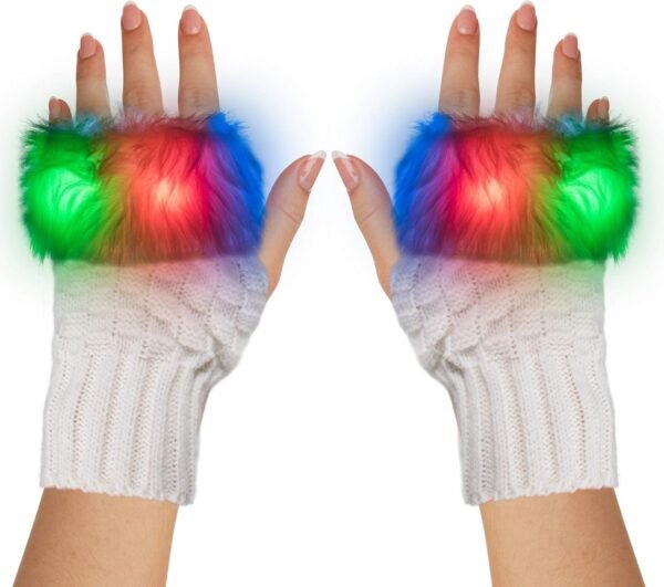 LED Light Up White Fuzzy Half Finger Gloves - For Christmas, Birthday,