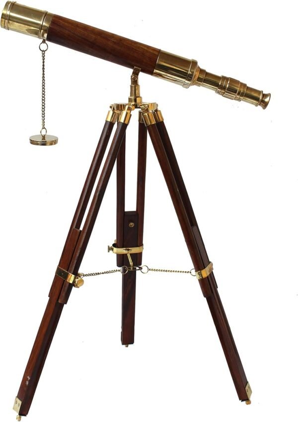 A Vintage Table Decorative Shiny Brass Tube Telescope with Antique Wooden Tripod