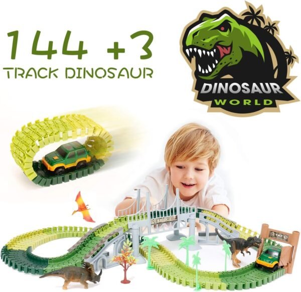 Dinosaur Toys,144 pcs Slot Car Race Flexible Tracks Toys,Create A Dinosaur World