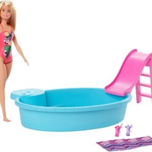 Barbie Doll, 11.5-Inch Blonde, and Pool Playset with Slide and Accessories, Gift