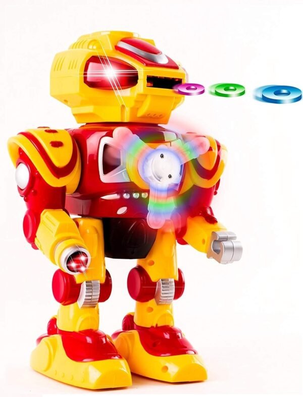 Android Battery Operated Disc Shooting Toy Robot Walking, Flashing Lights, Talking, Spinning,