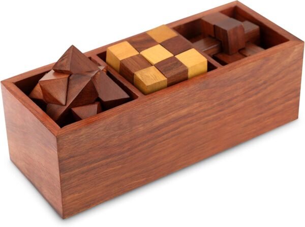 Shalinindia 3-in-One Wooden Puzzle Games Set - 3D Puzzles for Teens and