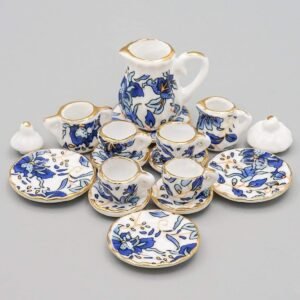 Odoria 112 Miniature 15PCS Blue Porcelain Chintz Tea Cup Set with Golden