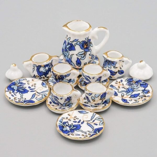 Odoria 112 Miniature 15PCS Blue Porcelain Chintz Tea Cup Set with Golden